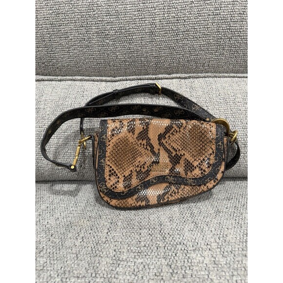 Guess Handbags - GUESS brown snake print crossbody bag w/ logo strap gold hardware small
